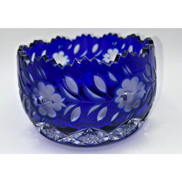 Vintage Czech Bohemian Blue Cobalt Cut to Clear Oval Sawtooth Crystal Bowl - Picture 7 of 16